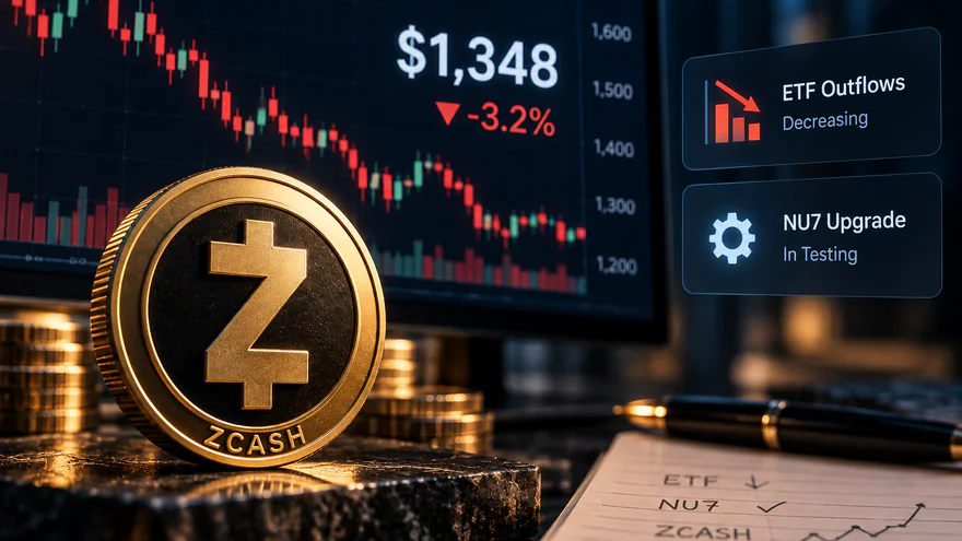 Zcash торгуется около $1,348 на фоне снижения оттока ETF и тестирования обновления NU7
