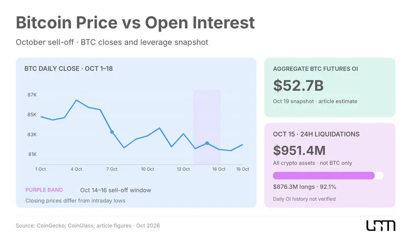 Динамика цены Bitcoin и открытого интереса с конца сентября по 19 октября с выделением периода массовых ликвидаций